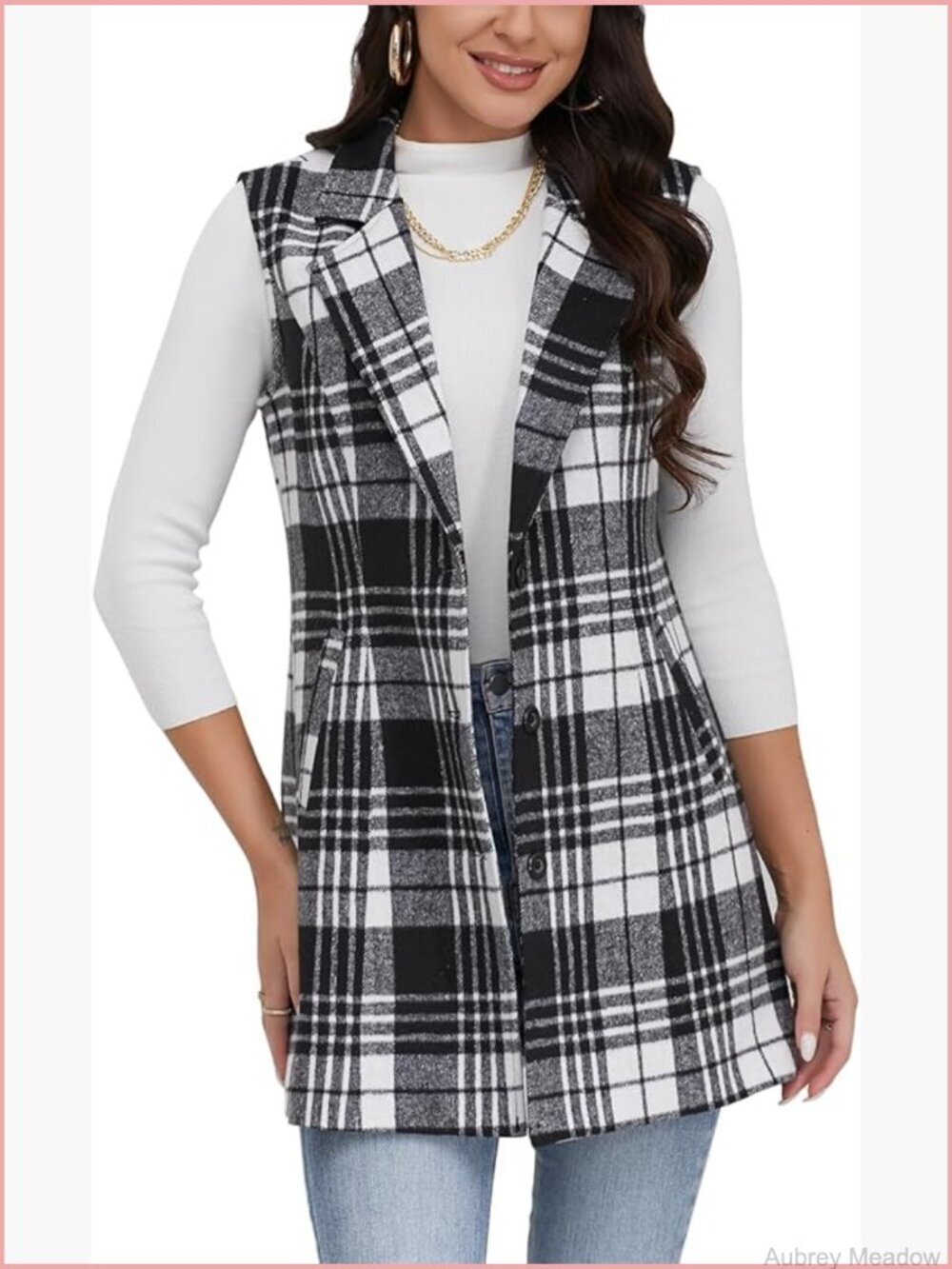 Wool Plaid Vest Sleeveless Blazer with Notch Lapel Button Front Side Pockets